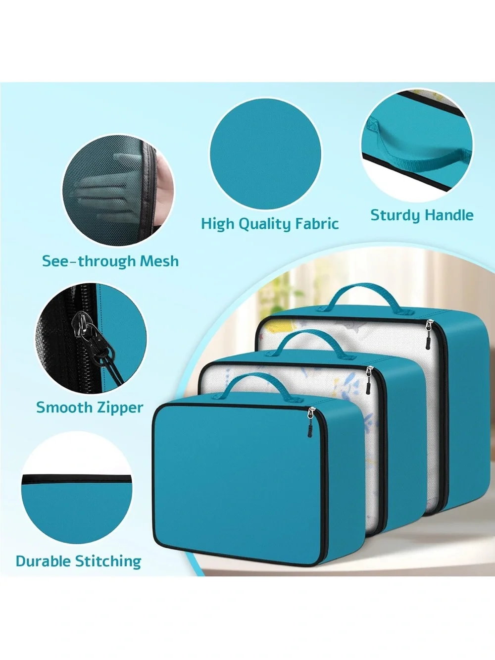 Turquoise Home Storage Travel Packing Cubes Set - pack of 6